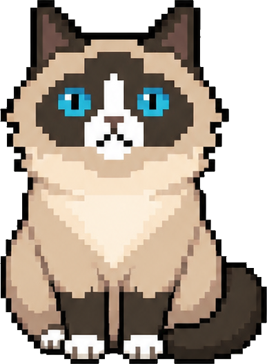 Chonkers, a pixel-art seal-point ragdoll cat, sitting